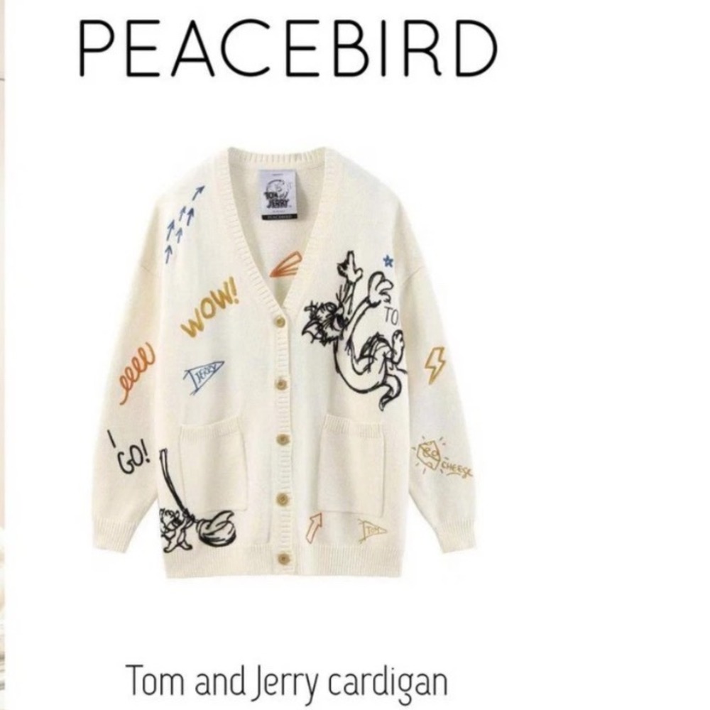 Peacebird Tom and Jerry Embroidered Oversized Cardigan Cream Men Size M